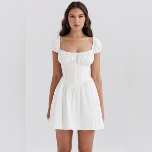 House of CB White Ruched Mini Dress with Puff Sleeves